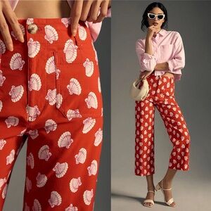Anthropologie Maeve Colette Shell Print Wide Leg Crop Pants Red Nautical Size 29